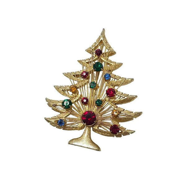 Brooks Textured Multicolor Rhinestone Christmas Tree Brooch Pin Gold Tone VTG - Picture 1 of 5